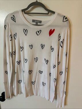 Marled Cream Sweater with Black Hearts and Red Accent